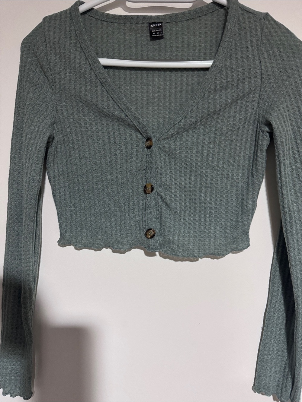 SHEIN Sage Green Waffle-Knit Button Front Crop Top